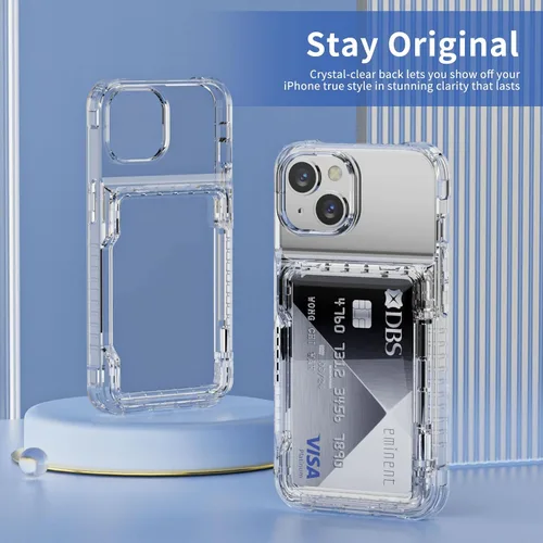 Vista 4 de ACANDYA Funda protectora transparente para iPhone 15 Plus, funda protectora para tarjetas de crédito, resistente a los golpes, antiarañazos