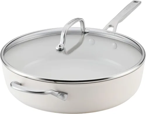 Vista 17 de Sartén para saltear y freír de cerámica anodizada dura con inducción antiadherente de KitchenAid, apta para lavavajillas, sartén antiadherente de 10