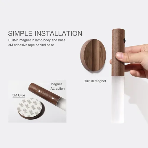 Vista 4 de Apliques de pared, luz nocturna inteligente con sensor portátil, luz nocturna magnética recargable por USB de madera para dormitorio, pasillo