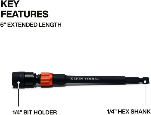 Vista 2 de Klein Tools 31088 Extensión de doble bloqueo de 6 pulgadas, soporte para brocas de impacto de vástago hexagonal de 1/4 pulgadas, mecanismo