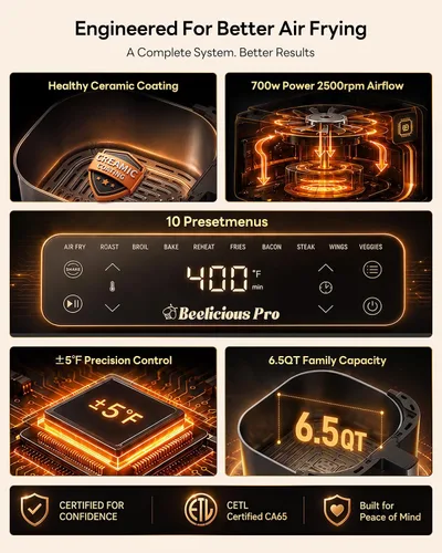 Vista 9 de Beelicious Pro Freidora de aire MicroTemp 10 en 1 de 6.5 cuartos de galón, con revestimiento de cerámica sin PFAS, antiadherente y apta para 2-Negro