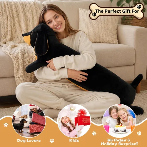 Vista 6 de Almohada larga de felpa de perro salchicha de 43 pulgadas, almohada corporal de perro marrón, muñeca de animal, almohada larga para dormir