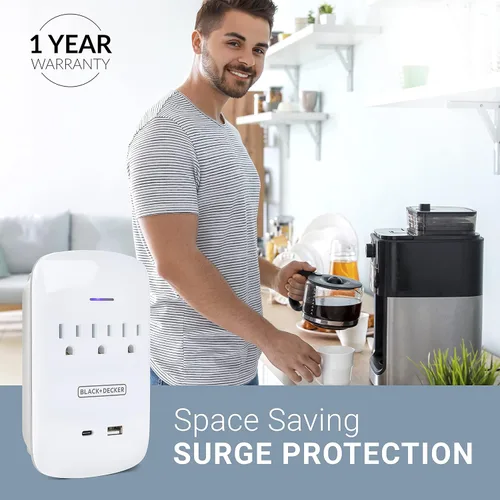 Vista 7 de BLACK+DECKER Protector contra sobretensiones de montaje en pared, 3 tomas, 2 puertos USB Carga USB-C, luz indicadora, apagado automático, diseño