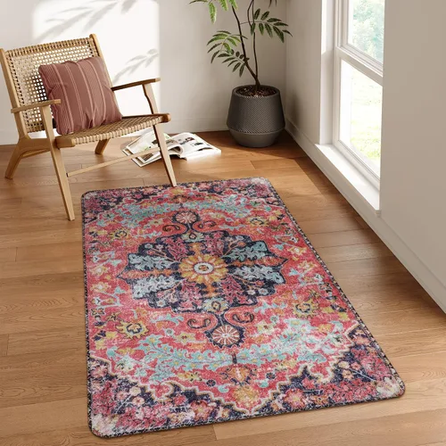 Vista 57 de Lahome Alfombra Floral Bohemio Medaillon - 2x3 Pequeña Alfombra de Baño Rosa Caliente, Alfombra de Cocina, Lavable a Máquina, Antideslizante, Suave