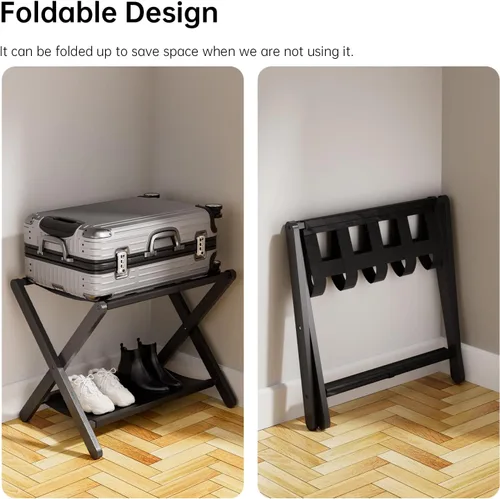 Vista 5 de HITNET Portaequipajes para habitación de invitados, soporte de maleta plegable, soporte de equipaje de hotel de bambú con estante de almacenamiento