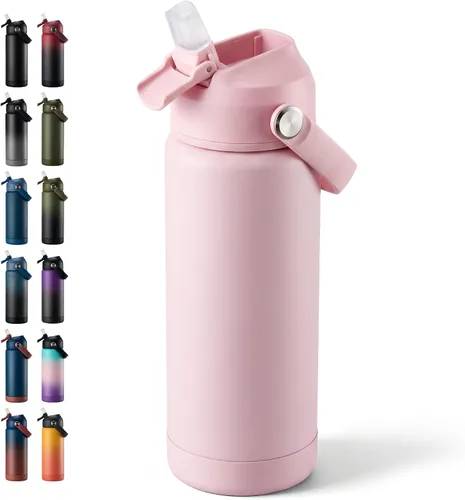 Vista 25 de Fijinhom Botella de agua aislada de 18 onzas con 2 tapas, botellas de agua de acero inoxidable, aspiradora de doble pared, mango portátil y parte
