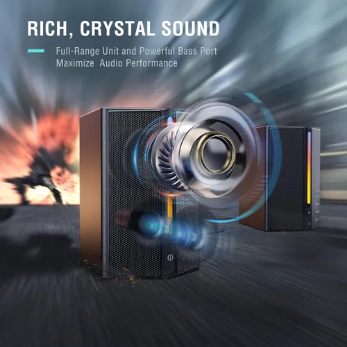Vista 2 de FIFINE Altavoces de computadora, altavoces de computadora de escritorio con control de volumen, altavoces RGB para juegos con cable de audio