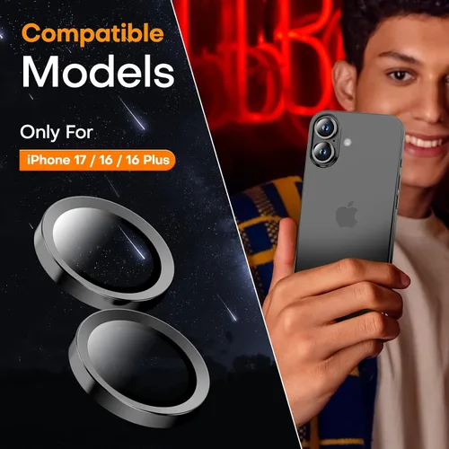 Vista 4 de Protector de lente de cámara para iPhone 17/16/16 Plus, Vidrio templado de metal Cubierta individual de lente de cámara [Anti-caída] Compatible
