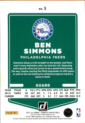 Vista 2 de 2021-22 Donruss #5 Ben Simmons Philadelphia 76ers NBA Basketball Trading Card