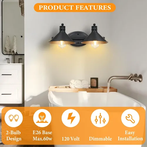Vista 4 de 2 Light Bathroom Vanity Light Over Mirror - Black and Gold Farmhouse Wall Light for Bathroom Vanity Powder Room, Rustic Gooseneck Barn Style 2 Bulb