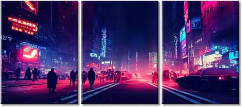 Vista 119 de Arte de pared de 3 piezas de escena de ciencia ficción de la calle comercial futurista paisaje urbano, decoración de pared para dormitorio