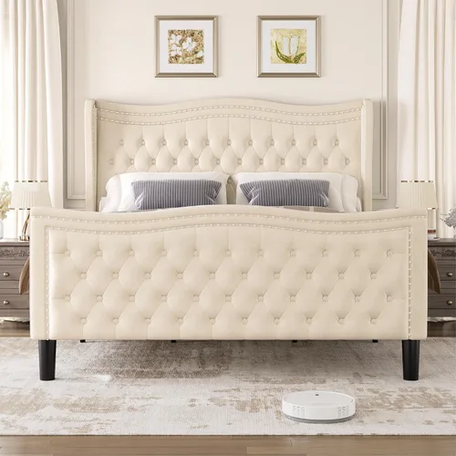Vista 3 de Marco de Cama Full con Cabecera y Pie de Cama Altos, Marco de Cama Plataforma Tapizada en Terciopelo con Acolchado de Botones Profundos Tipo Beige