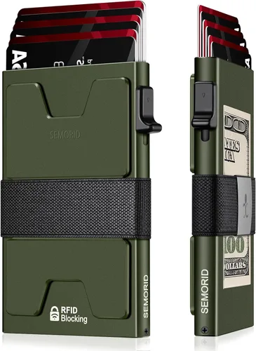 Vista 65 de Cartera delgada de aluminio para hombre, placa trasera expandible duradera, bloqueo RFID, billetera desplegable de metal minimalista, con capacidad