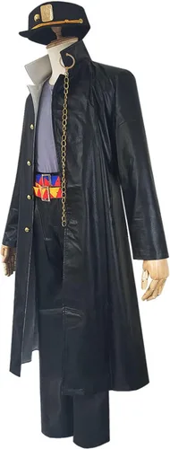 Vista 4 de Weixu Disfraz de anime Kujo Jotaro para cosplay, abrigo largo de piel sintética negra con sombrero para hombres y mujeres Halloween
