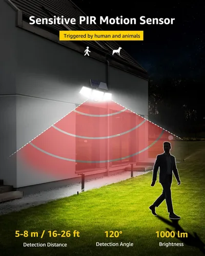 Vista 3 de LE - Luces solares para exteriores, luces solares para exteriores con sensor de movimiento, alto brillo WL4000, 3 cabezales ajustables ángulo