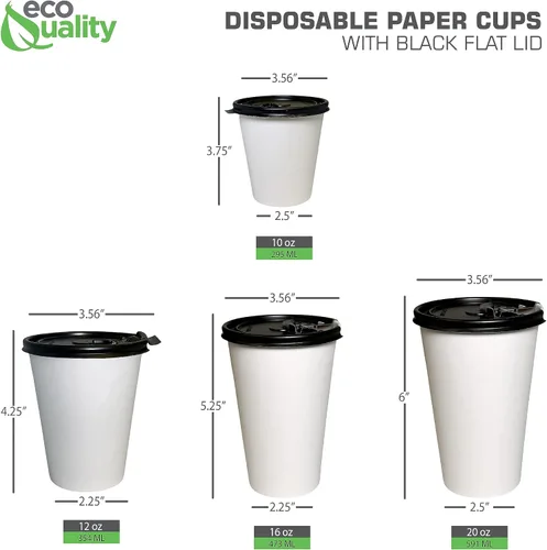 Vista 4 de Tazas de café desechables de papel blanco de 16 onzas con tapas planas negras, vasos de papel reciclables para bebidas calientes/frías con tapas