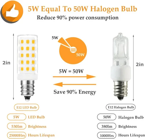 Vista 4 de Bombillas LED E12 C7, equivalente a 5 W equivalentes a bombillas halógenas de 50 W, base de candelabro E12 T4, 2700 K blanco cálido sin parpadeo