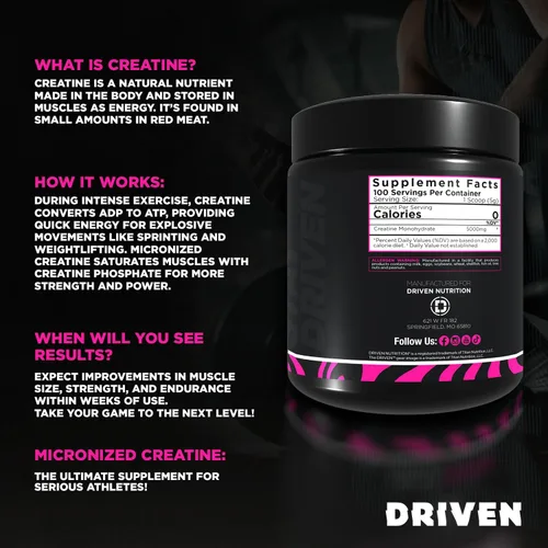 Vista 4 de Driven Nutrition Creatina, 17.64 oz – Polvo micronizado sin sabor, rendimiento físico y cognición – 0.18 oz por porción para reducir la fatiga