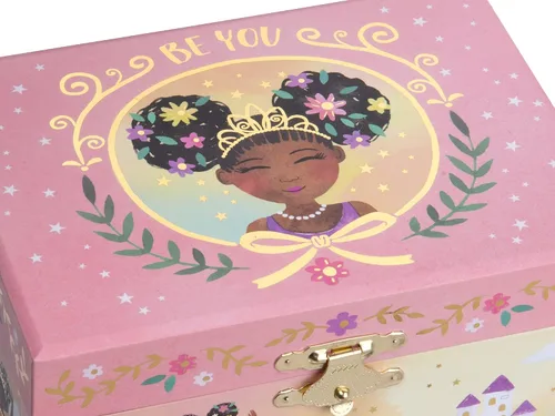 Vista 4 de Jewelkeeper Joyero musical para niña con bailarina negra diseño de pequeña reina con lámina dorada melodía de lago cisne