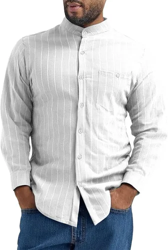 Vista 10 de Camisa de lino para hombre, manga larga, casual, a rayas, con botones, para playa, verano y boda