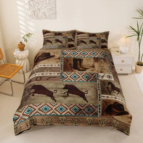 Vista 10 de Funda de edredón de herradura con diseño de estrellas de Texas, estilo occidental, rústico, verde azulado, juego de ropa de cama individual