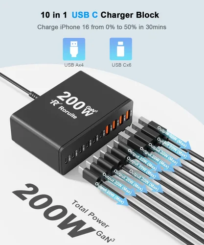 Vista 2 de Estación de carga USB C de 10 puertos con 4 cables USB, bloque de cargador GaN tipo C de 200W, adaptador de enchufe de regleta de alimentación