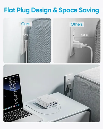 Vista 4 de Olcorife Tira de alimentación USB de 230 W, cable de extensión de enchufe plano ultrafino de 5 pies, 4 salidas de CA, 8 puertos USB