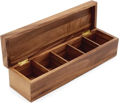 Vista 9 de Ironwood Gourmet Caja de té de madera de acacia, rectangular XL, con 10 compartimentos Store & Display Tea Bag Collections Beautiful Acacia Wood