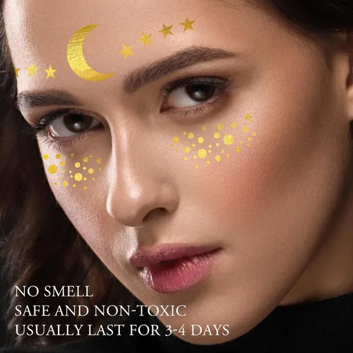 Vista 5 de 1 hoja de tatuajes faciales temporales metálicos dorados, luna celestial, estrella, pecas sintéticas, calcomanías de maquillaje, impermeables