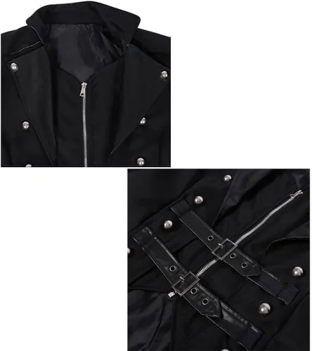 Vista 3 de FMMOEK Disfraces medievales Steampunk - Gabardina larga gótica victoriana vintage, chaqueta para hombre, doble botonadura con cremallera