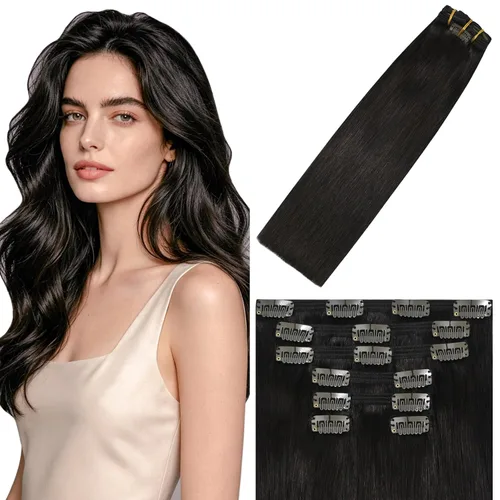 Vista 49 de WindTouch - Extensiones de cabello humano liso con pinzas, color negro azabache, 2.47 onzas, N.° 1, 12 pulgadas, 7