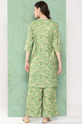 Vista 7 de Janasya Conjunto de coords con estampado floral digital de musgo verde para mujer