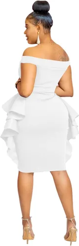 Vista 2 de Salimdy Vestido de cóctel ajustado con volantes y hombros descubiertos, sin mangas, formal, por debajo de la rodilla, para mujer