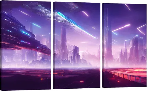 Vista 7 de Lienzo decorativo para pared, diseño de ciudad futurista Cyberpunk para sala de estar, impresión multipanel, obra de arte de cocina, pintura