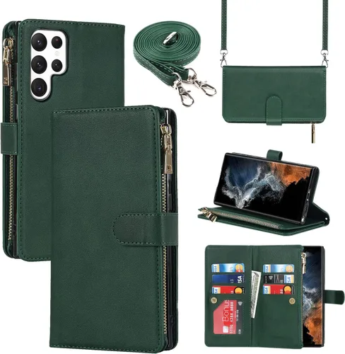 Vista 31 de Cavor Funda tipo cartera cruzada para Samsung Galaxy S22 Plus, color negro Funda de cuero con cierre magnético con cremallera y función atril TPU
