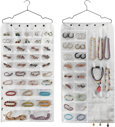 Vista 8 de BB Brotrade Organizador colgante de joyas, organizador de accesorios, organizador de 80 bolsillos para guardar joyas (beige)