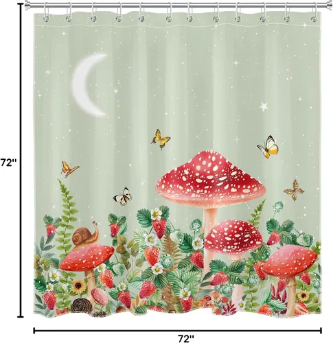 Vista 8 de Cortina de ducha con diseño de hongos y rana, planta verde salvia y mariposa de fresa sobre verde, cortina de ducha con ganchos, juego de cortinas
