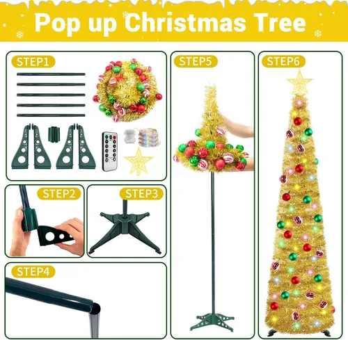 Vista 4 de HISFFOG Árbol de Navidad de Oropel Emergente Preiluminado de 5 Pies con 8 Modos de Ajuste de Luz, 50 Luces de Colores con Control Remoto, Operado