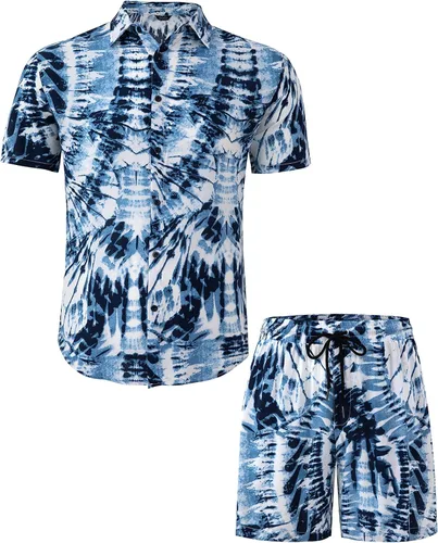 Vista 2 de Atwfo Camisas hawaianas casuales con botones y manga corta para hombre, pantalones cortos estampados de verano, playa, tropicales, hawaianos, trajes