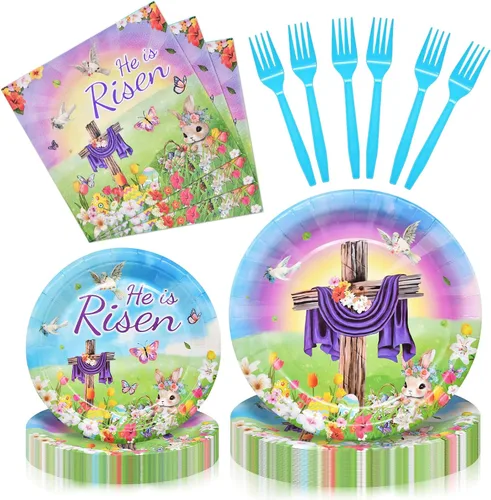 Vista 18 de Juego de vajilla de 96 piezas para baby shower, vajilla desechable de animales del bosque festoneado con platos de papel, servilletas y tenedores