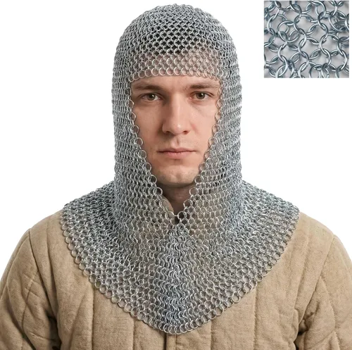 Vista 9 de Coif de malla medieval caballero renacentista armadura de malla capucha vikinga LARP 16 calibre Negro