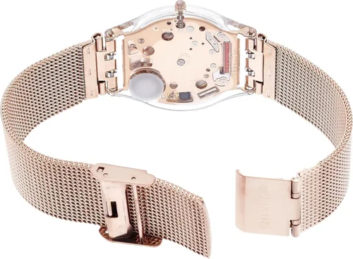 Vista 2 de Swatch SFP115M reloj en tono rosa piel con malla negra para mujer