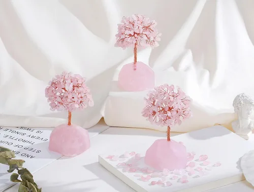 Vista 2 de QINJIEJIE Árbol de cristal de cuarzo rosa, cristales curativos, decoración de escritorio rosa, árbol de piedras preciosas naturales, base de alambre