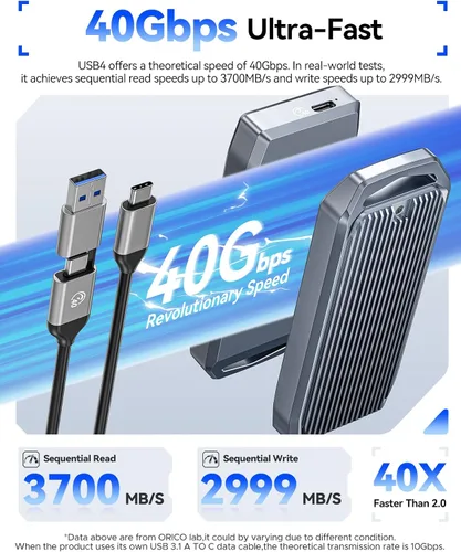 Vista 2 de ORICO Carcasa para SSD M.2 USB4 de 40 Gbps, soporta SSD M.2 NVMe de hasta 8 TB, funda de aleación de aluminio con aletas, cable USB-C a USB-A y C 2