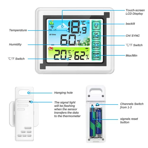 Vista 3 de Number-one Estación meteorológica inalámbrica para interiores y exteriores, termómetro con sensor remoto, monitor digital de temperatura y humedad
