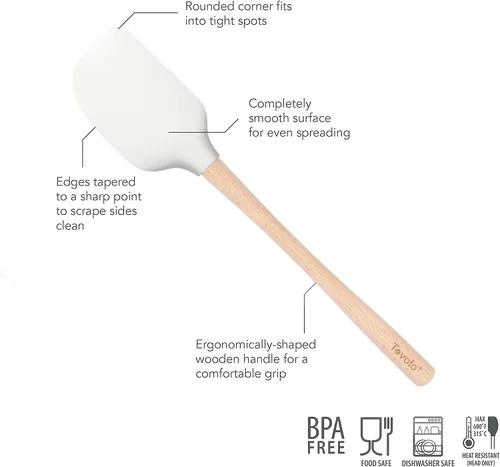 Vista 4 de Tovolo Espátula de silicona con mango de madera para cocinar, hornear, mezclar, resistente al calor, apta para alimentos, sin BPA, flexible