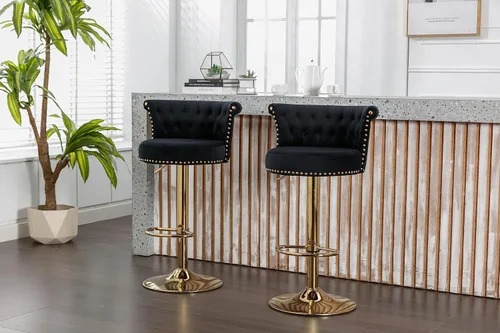 Vista 11 de Juego de 2 taburetes de bar giratorios de terciopelo de 360°, butacas ajustables para barra de cocina con respaldo de clavos, base dorada