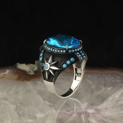 Vista 4 de Mens Ring Sterling Silver Aquamarine Stone Jewelry for Men Rings Signet Anillos para Hombre Turkish Rings Anillo de Plata Mens Gemstone Rings Man
