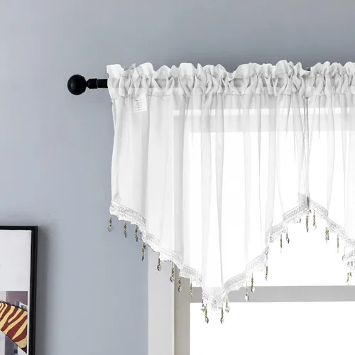 Vista 13 de PearAge Cortinas Cenefa Transparente con Cuentas para Sala de Estar, Cenefa de Ventana de Granja con Bolsillo para Barra, Cenefa de Cortina de Gasa