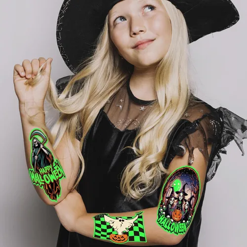 Vista 4 de winthrop 100 tatuajes temporales luminosos de Halloween para niños, envueltos individualmente que brillan en la oscuridad, tatuajes impermeables